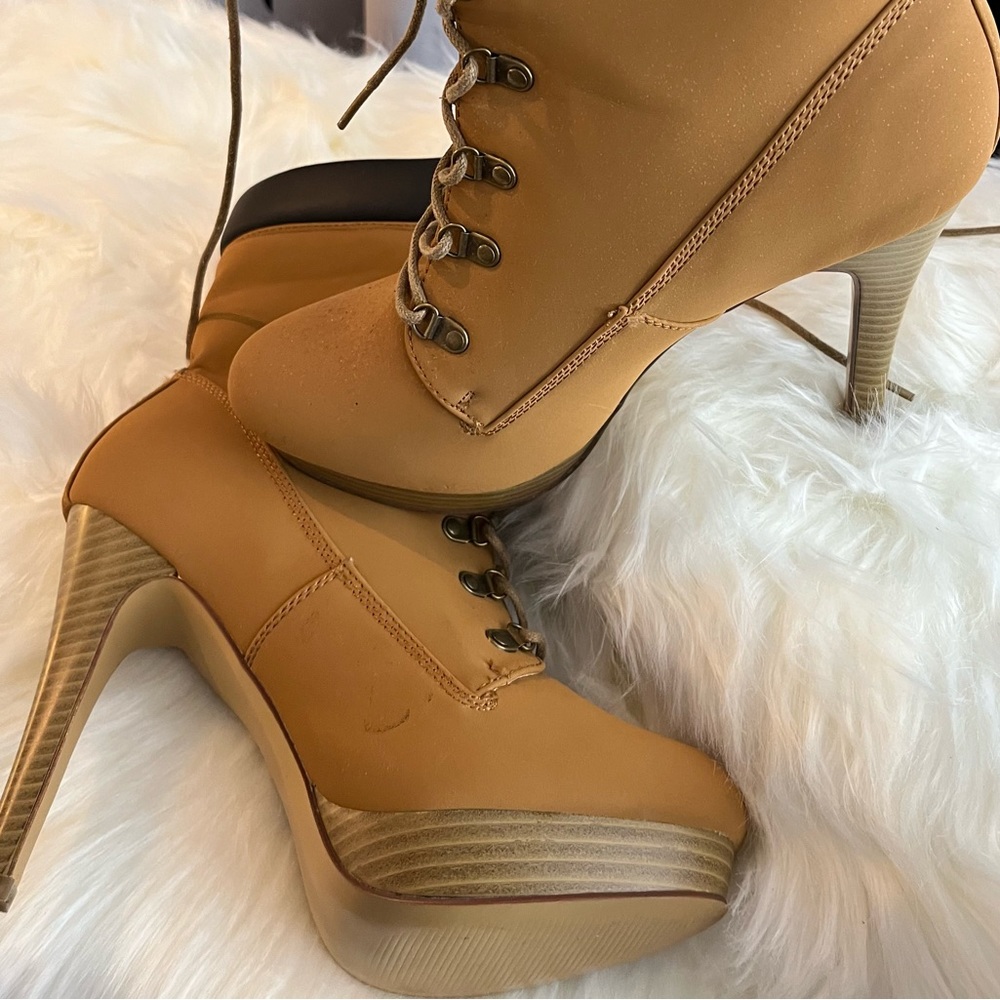 Butter scotch lace front high heel boot